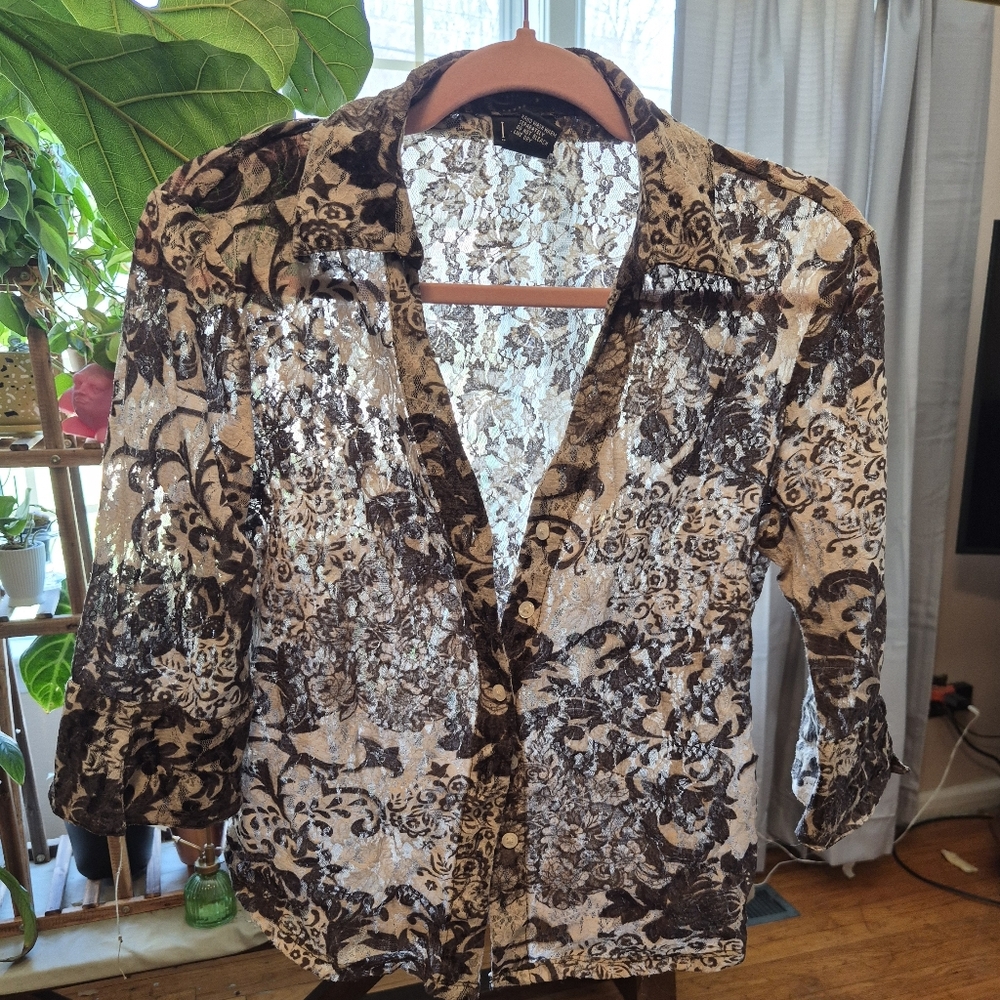 INC International Concepts Lace Floral Blouse - Cream and Brown